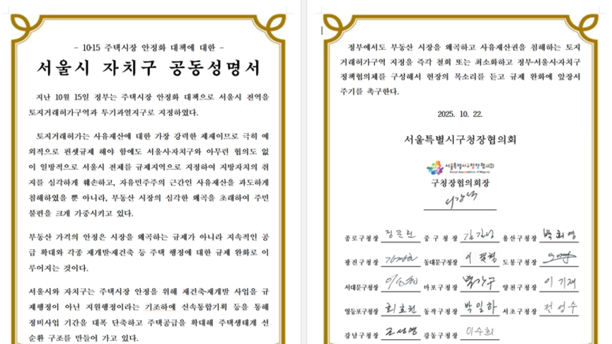 강남·서초 등 서울 15개 구청장, '토허제 철회' 촉구…"재산권 침해"